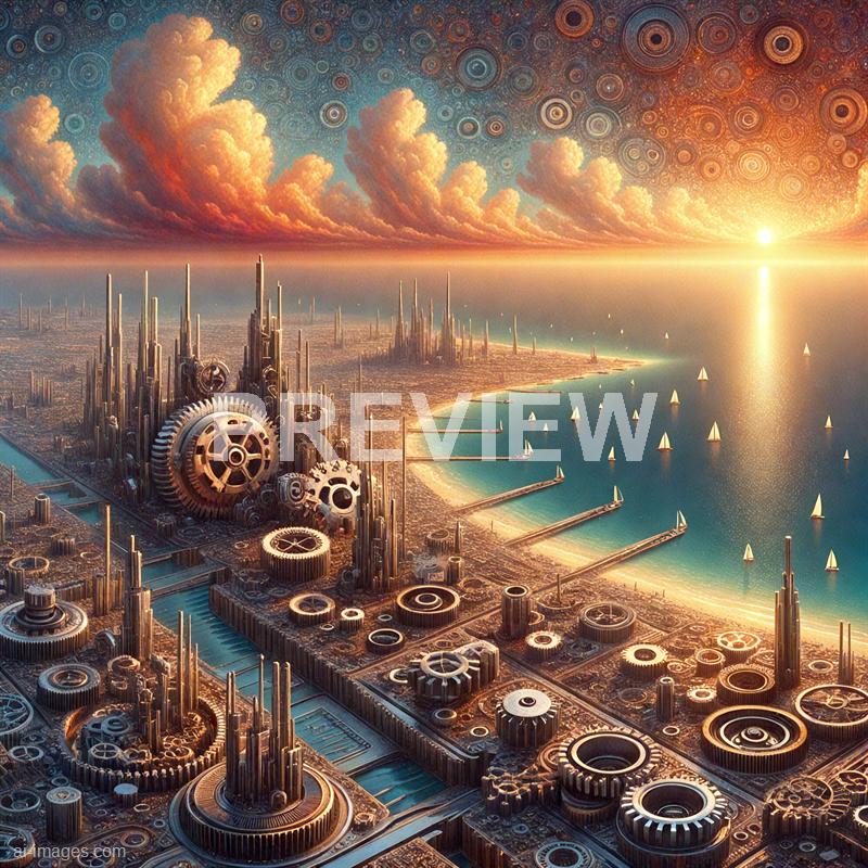 The image depicts a futuristic cityscape situated along a coastline, with towering, intricate structures resembling gears and machinery integrated into the skyline. The city features a complex network of roads, docks, and ships sailing in the calm waters, under a vibrant sky filled with swirling, colorful clouds and a pattern of circular, spiral motifs. The sunset or sunrise casts a warm glow over the scene, highlighting the blend of advanced technology with a surreal, artistic atmosphere.